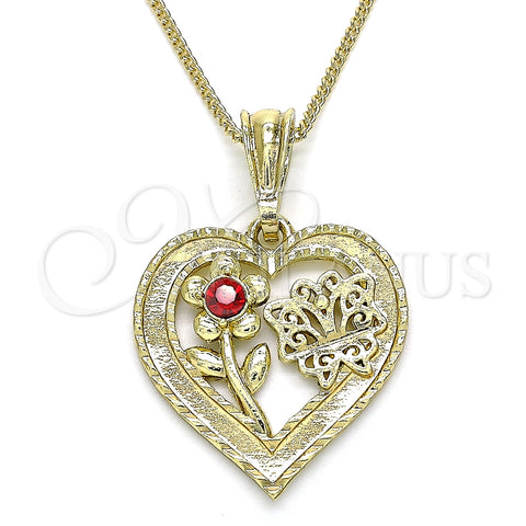 Collares con Dije 04.351.0018.1.20 Oro Laminado, Diseño de Corazón y Flor, con Granate Cristal, Pulido, Tono Dorado (02 MM Thickness, 20 Inches Length)