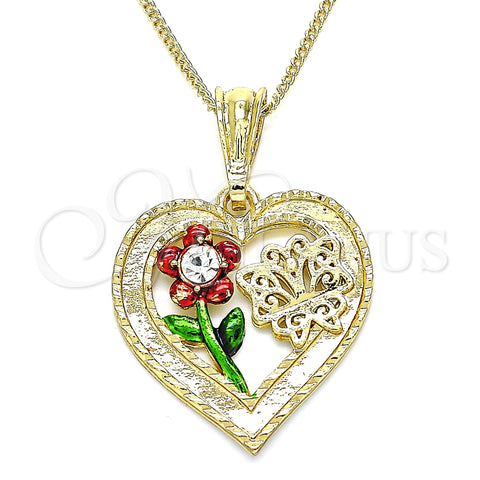 Collares con Dije 04.351.0018.2.20 Oro Laminado, Diseño de Corazón y Flor, con Blanca Cristal, Pulido, Tres Tonos (02 MM Thickness, 20 Inches Length)