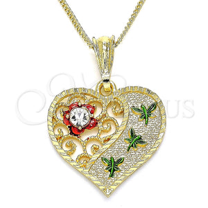 Collares con Dije 04.351.0019.20 Oro Laminado, Diseño de Corazón y Libélula, con Blanca Cristal, Pulido, Tres Tonos (02 MM Thickness, 20 Inches Length)