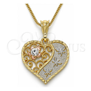 Collares con Dije 04.351.0019.1.20 Oro Laminado, Diseño de Corazón y Libélula, con Cristal Blanca, Pulido, Tres Tonos (Grosor 02 MM, 20 Pulgadas de Largo)