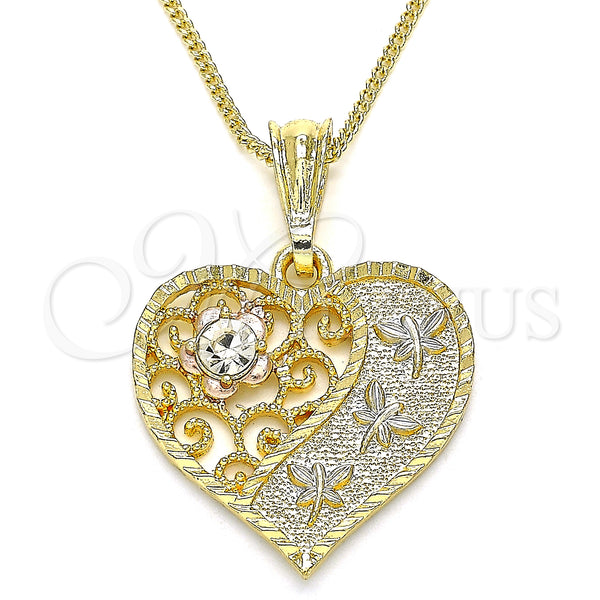 Collares con Dije 04.351.0019.1.20 Oro Laminado, Diseño de Corazón y Libélula, con Blanca Cristal, Pulido, Tres Tonos (02 MM Thickness, 20 Inches Length)