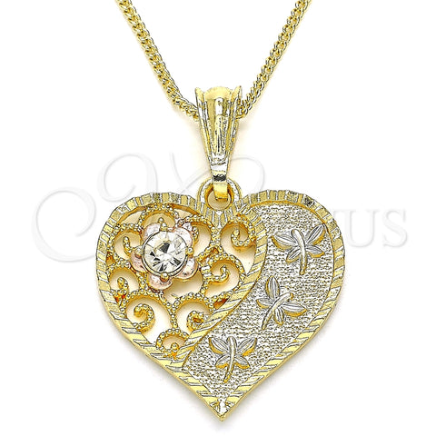 Collares con Dije 04.351.0019.1.20 Oro Laminado, Diseño de Corazón y Libélula, con Blanca Cristal, Pulido, Tres Tonos (02 MM Thickness, 20 Inches Length)