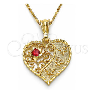 Collares con Dije 04.351.0019.3.20 Oro Laminado, Diseño de Corazón y Libélula, con Cristal Granate, Pulido, Tono Dorado (Grosor 02 MM, 20 Pulgadas de Largo)