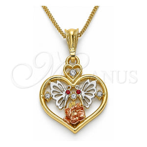 Collares con Dije 04.351.0022.20 Oro Laminado, Diseño de Corazón y Mariposa, con Cristal Granate y Blanca, Pulido, Tres Tonos (Grosor 02 MM, 20 Pulgadas de Largo)