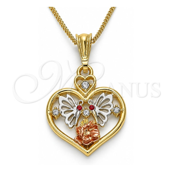 Collares con Dije 04.351.0022.20 Oro Laminado, Diseño de Corazón y Mariposa, con Cristal Granate y Blanca, Pulido, Tres Tonos (Grosor 02 MM, 20 Pulgadas de Largo)