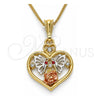Collares con Dije 04.351.0022.20 Oro Laminado, Diseño de Corazón y Mariposa, con Cristal Granate y Blanca, Pulido, Tres Tonos (Grosor 02 MM, 20 Pulgadas de Largo)
