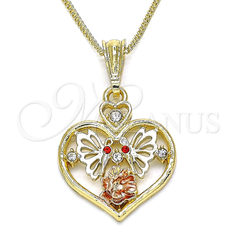 Collares con Dije 04.351.0022.20 Oro Laminado, Diseño de Corazón y Mariposa, con Granate and Blanca Cristal, Pulido, Tres Tonos (02 MM Thickness, 20 Inches Length)