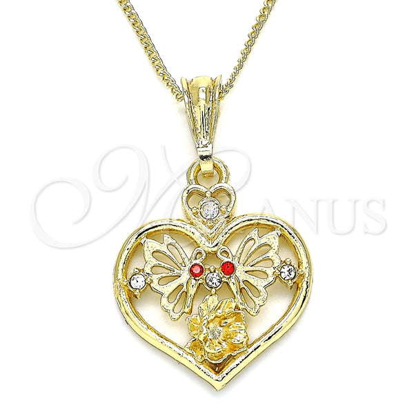 Collares con Dije 04.351.0022.1.20 Oro Laminado, Diseño de Corazón y Mariposa, con Granate and Blanca Cristal, Pulido, Tono Dorado (02 MM Thickness, 20 Inches Length)