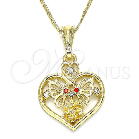 Collares con Dije 04.351.0022.1.20 Oro Laminado, Diseño de Corazón y Mariposa, con Granate and Blanca Cristal, Pulido, Tono Dorado (02 MM Thickness, 20 Inches Length)