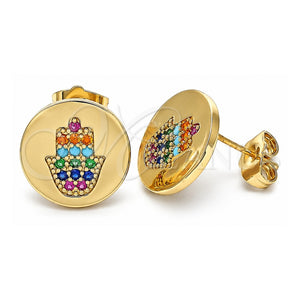 Arete Dormilona 02.210.0432 Oro Laminado, Diseño de Mano de Dios y Judaica, con Micro Pave Multicolor, Pulido, Tono Dorado