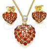 Juego de Arete y Dije de Adulto 10.346.0001.1 Oro Laminado, Diseño de Corazón, con Granate Zirconia Cubica, Pulido, Tono Dorado