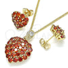 Juego de Arete y Dije de Adulto 10.346.0001.1 Oro Laminado, Diseño de Corazón, con Granate Zirconia Cubica, Pulido, Tono Dorado