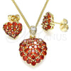 Juego de Arete y Dije de Adulto 10.346.0001.1 Oro Laminado, Diseño de Corazón, con Granate Zirconia Cubica, Pulido, Tono Dorado