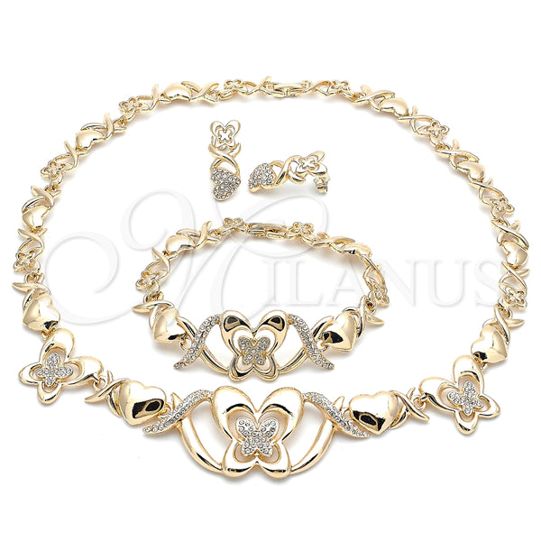 Collar, Pulsera y Dije 06.372.0020 Oro Laminado, Diseño de Besos y Abrazos y Mariposa, con Blanca Cristal, Pulido, Tono Dorado