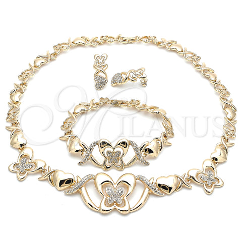 Collar, Pulsera y Dije 06.372.0020 Oro Laminado, Diseño de Besos y Abrazos y Mariposa, con Blanca Cristal, Pulido, Tono Dorado