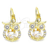 Arete Gancho Frances 02.210.0434 Oro Laminado, Diseño de Búho, con Blanca Zirconia Cubica, Pulido, Tono Dorado