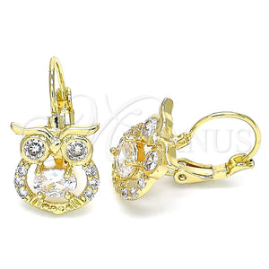 Arete Gancho Frances 02.210.0434 Oro Laminado, Diseño de Búho, con Blanca Zirconia Cubica, Pulido, Tono Dorado