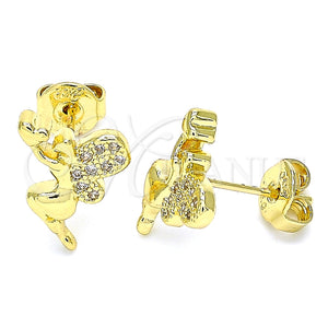 Arete Dormilona 02.156.0462 Oro Laminado, Diseño de Angel y Corazón, con Blanca Micro Pave, Pulido, Tono Dorado