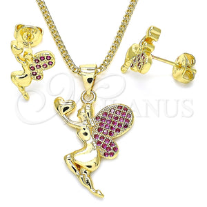 Juego de Arete y Dije de Adulto 10.156.0264.1 Oro Laminado, Diseño de Angel y Corazón, con Rubi Micro Pave, Pulido, Tono Dorado