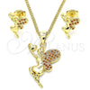 Juego de Arete y Dije de Adulto 10.156.0264.2 Oro Laminado, Diseño de Angel y Corazón, con Granate Micro Pave, Pulido, Tono Dorado