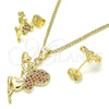 Juego de Arete y Dije de Adulto 10.156.0264.2 Oro Laminado, Diseño de Angel y Corazón, con Granate Micro Pave, Pulido, Tono Dorado