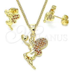 Juego de Arete y Dije de Adulto 10.156.0264.2 Oro Laminado, Diseño de Angel y Corazón, con Granate Micro Pave, Pulido, Tono Dorado