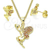 Juego de Arete y Dije de Adulto 10.156.0264.2 Oro Laminado, Diseño de Angel y Corazón, con Granate Micro Pave, Pulido, Tono Dorado
