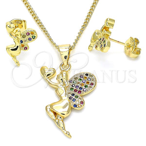 Juego de Arete y Dije de Adulto 10.156.0264.3 Oro Laminado, Diseño de Angel y Corazón, con Multicolor Micro Pave, Pulido, Tono Dorado