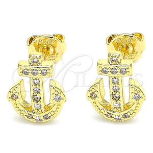 Arete Dormilona 02.156.0464 Oro Laminado, Diseño de Ancla, con Blanca Micro Pave, Pulido, Tono Dorado