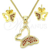 Juego de Arete y Dije de Adulto 10.156.0266.2 Oro Laminado, Diseño de Mariposa, con Granate Micro Pave, Pulido, Tono Dorado