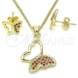 Juego de Arete y Dije de Adulto 10.156.0266.2 Oro Laminado, Diseño de Mariposa, con Granate Micro Pave, Pulido, Tono Dorado
