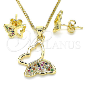 Juego de Arete y Dije de Adulto 10.156.0266.3 Oro Laminado, Diseño de Mariposa, con Multicolor Micro Pave, Pulido, Tono Dorado