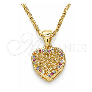 Collares con Dije 04.156.0327.3.20 Oro Laminado, Diseño de Corazón, con Micro Pave Multicolor, Pulido, Tono Dorado (Grosor 02 MM, 20 Pulgadas de Largo)