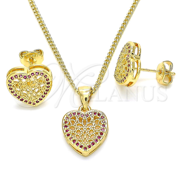 Juego de Arete y Dije de Adulto 10.156.0268.1 Oro Laminado, Diseño de Corazón, con Rubi Micro Pave, Pulido, Tono Dorado