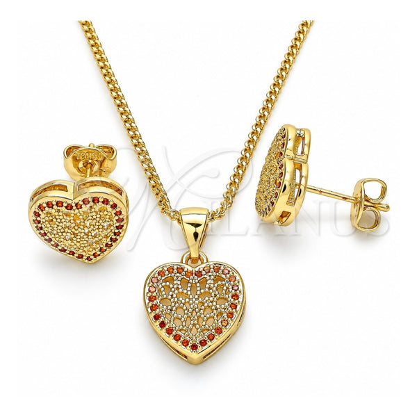 Juego de Arete y Dije de Adulto 10.156.0268.2 Oro Laminado, Diseño de Corazón, con Granate Micro Pave, Pulido, Tono Dorado