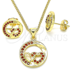 Juego de Arete y Dije de Adulto 10.156.0269.2 Oro Laminado, Diseño de Corazón, con Granate Micro Pave, Pulido, Tono Dorado