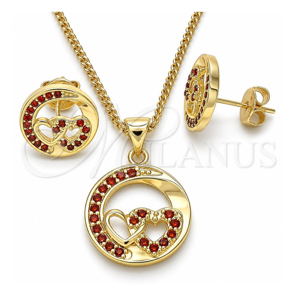 Juego de Arete y Dije de Adulto 10.156.0269.2 Oro Laminado, Diseño de Corazón, con Granate Micro Pave, Pulido, Tono Dorado
