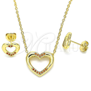 Juego de Arete y Dije de Adulto 10.156.0146.2 Oro Laminado, Diseño de Corazón, con Granate Micro Pave, Pulido, Tono Dorado