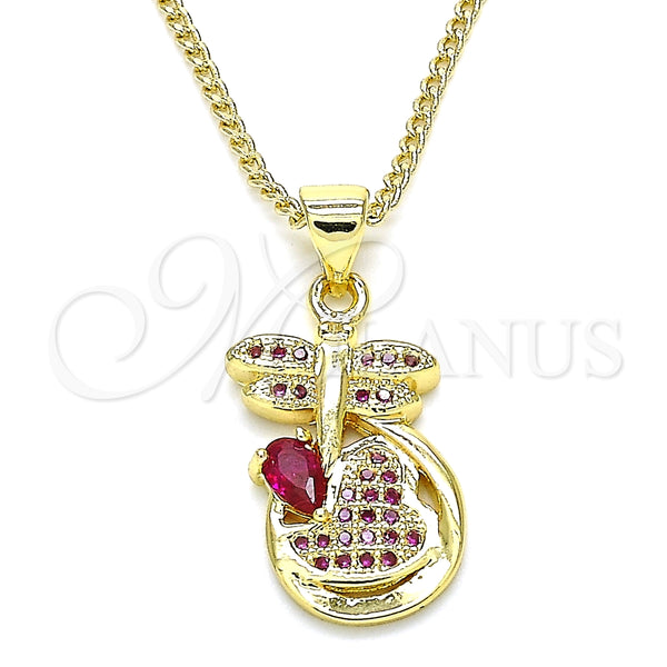 Collares con Dije 04.156.0330.1.20 Oro Laminado, Diseño de Libélula y Corazón, con Rubi Micro Pave, Pulido, Tono Dorado (02 MM Thickness, 20 Inches Length)