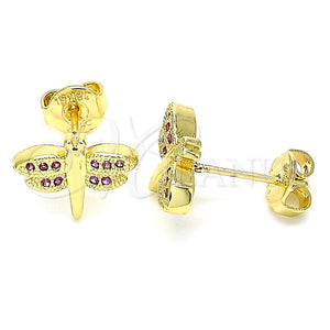 Arete Dormilona 02.156.0470.1 Oro Laminado, Diseño de Libélula, con Rubi Micro Pave, Pulido, Tono Dorado