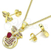 Juego de Arete y Dije de Adulto 10.156.0270.1 Oro Laminado, Diseño de Libélula y Corazón, con Rubi Micro Pave, Pulido, Tono Dorado