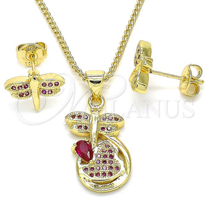 Juego de Arete y Dije de Adulto 10.156.0270.1 Oro Laminado, Diseño de Libélula y Corazón, con Rubi Micro Pave, Pulido, Tono Dorado