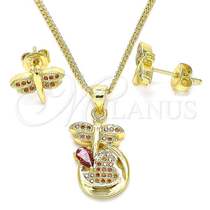 Juego de Arete y Dije de Adulto 10.156.0270.2 Oro Laminado, Diseño de Libélula, con Granate Micro Pave, Pulido, Tono Dorado