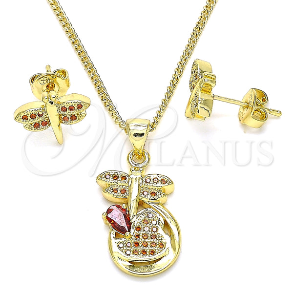 Juego de Arete y Dije de Adulto 10.156.0270.2 Oro Laminado, Diseño de Libélula, con Granate Micro Pave, Pulido, Tono Dorado