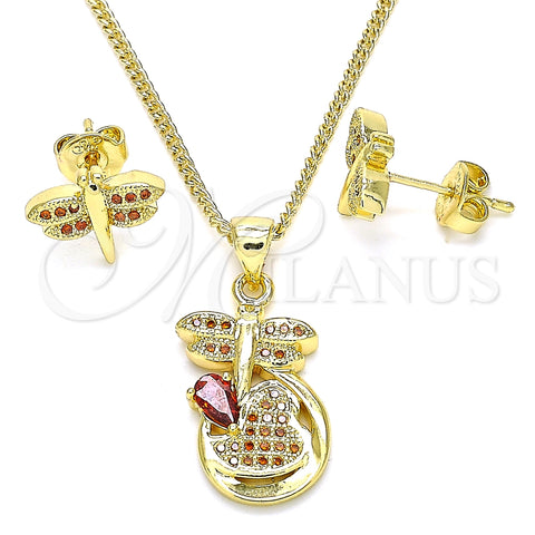 Juego de Arete y Dije de Adulto 10.156.0270.2 Oro Laminado, Diseño de Libélula, con Granate Micro Pave, Pulido, Tono Dorado