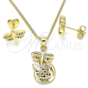 Juego de Arete y Dije de Adulto 10.156.0270.3 Oro Laminado, Diseño de Libélula y Corazón, con Multicolor Micro Pave, Pulido, Tono Dorado
