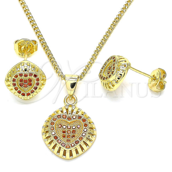 Juego de Arete y Dije de Adulto 10.156.0170.3 Oro Laminado, Diseño de Corazón, con Granate Micro Pave, Pulido, Tono Dorado
