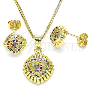 Juego de Arete y Dije de Adulto 10.156.0170.4 Oro Laminado, Diseño de Corazón, con Multicolor Micro Pave, Pulido, Tono Dorado