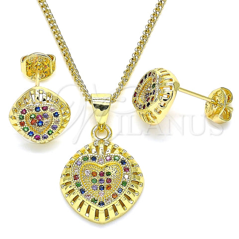 Juego de Arete y Dije de Adulto 10.156.0170.4 Oro Laminado, Diseño de Corazón, con Multicolor Micro Pave, Pulido, Tono Dorado
