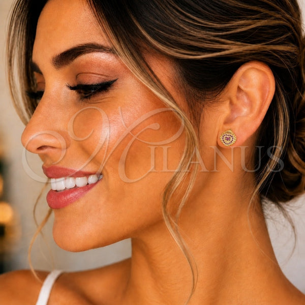 Arete Dormilona 02.156.0472.1 Oro Laminado, Diseño de Corazón, con Rubi Micro Pave, Pulido, Tono Dorado